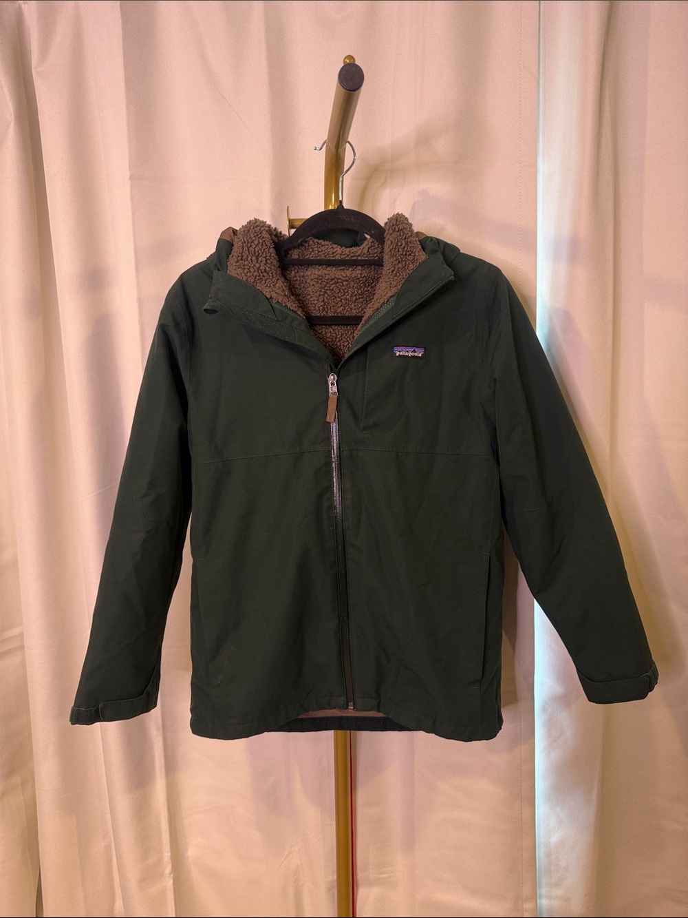 Patagonia Kids' 4-in-1 Everyday Jacket Dark Green Hooded with Brown XL 14